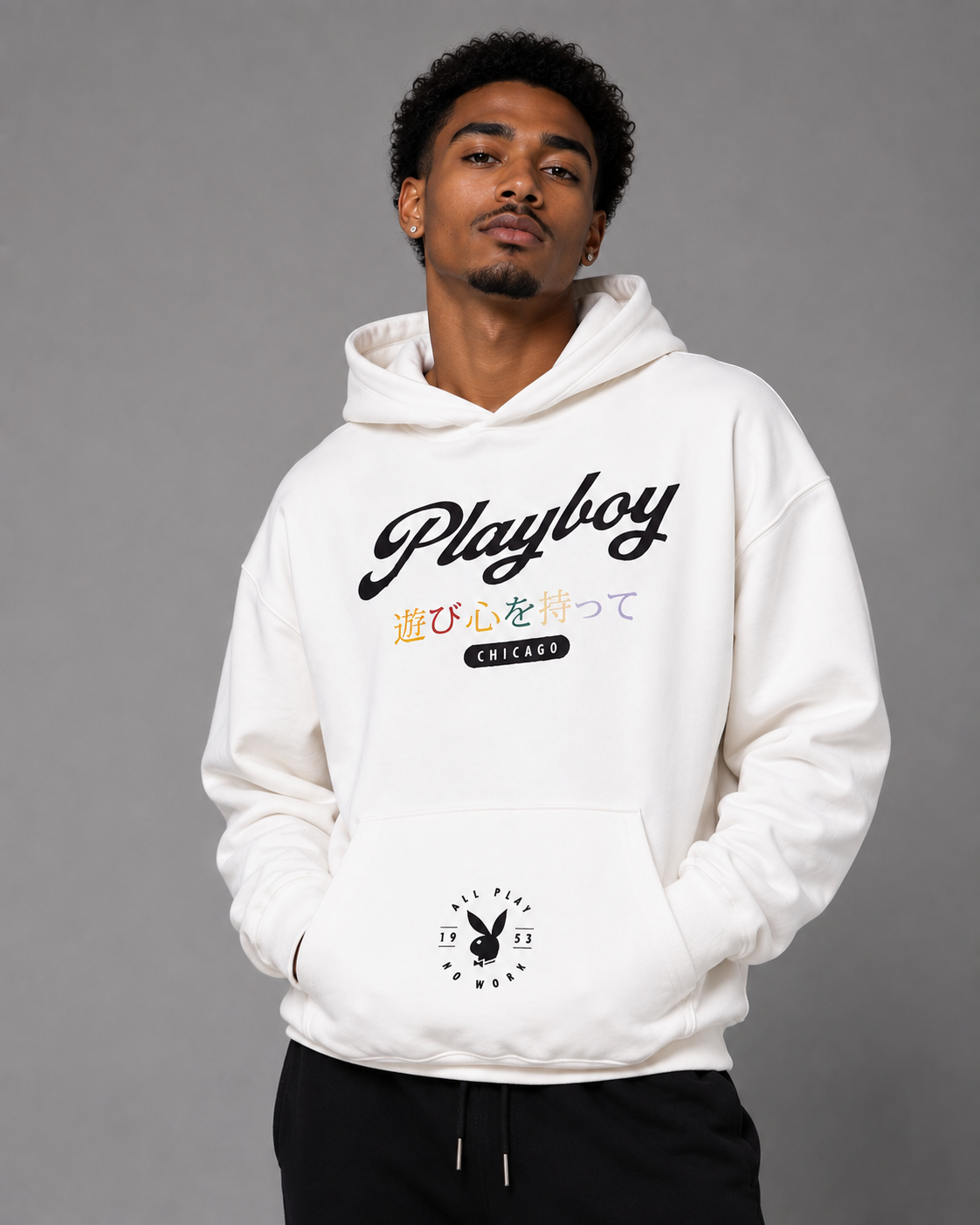 Playboy Chicago felpa cappuccio unisex nera cotone