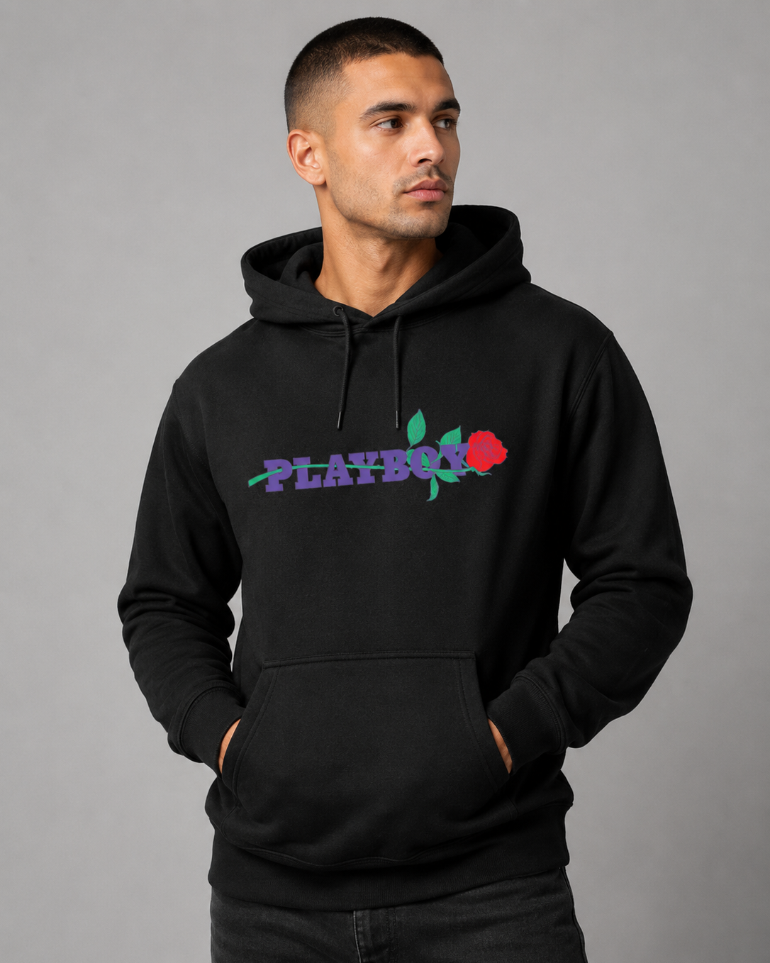 Playboy Rose Felpa con Cappuccio Unisex Nera Grafica Rosa